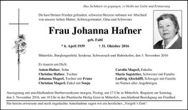 Traueranzeige Johanna Hafner