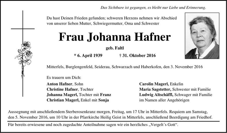 Traueranzeige Johanna Hafner