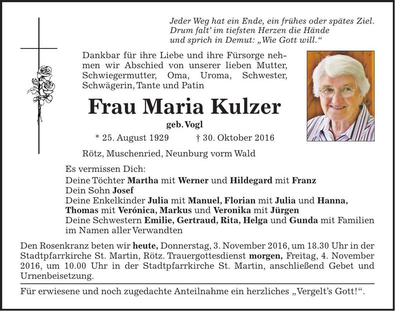 Traueranzeige Maria Kulzer