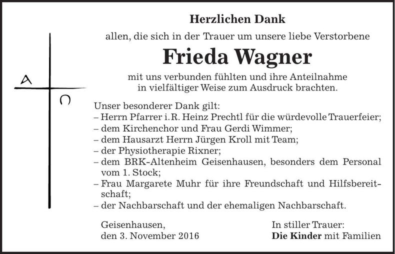 Traueranzeige Frieda Wagner