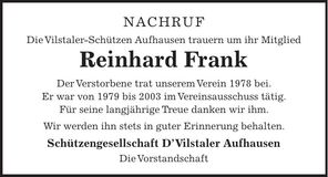 Traueranzeige Reinhard Frank