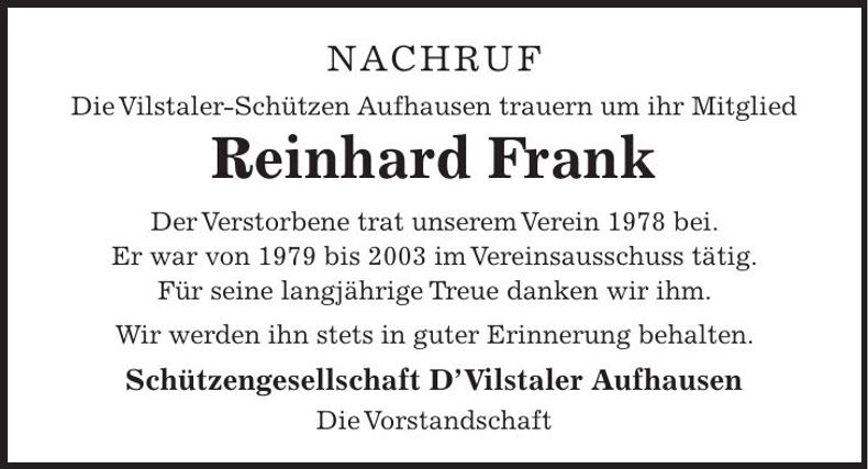 Traueranzeige Reinhard Frank