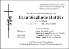 Traueranzeige Sieglinde Hattler