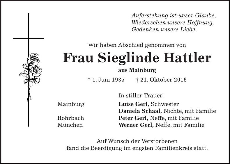 Traueranzeige Sieglinde Hattler