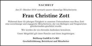 Traueranzeige Christine Zott