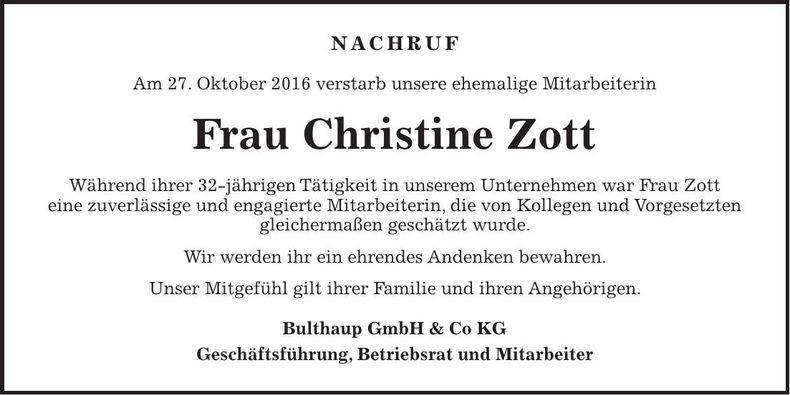 Traueranzeige Christine Zott