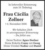 Traueranzeige Cäcilia Zollner