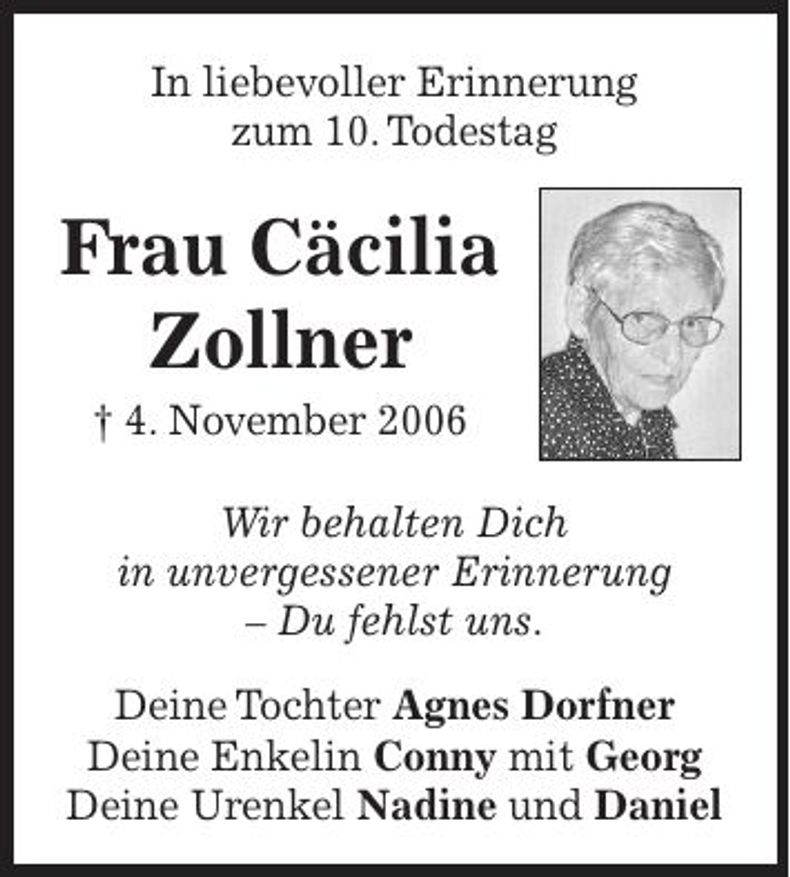 Traueranzeige Cäcilia Zollner