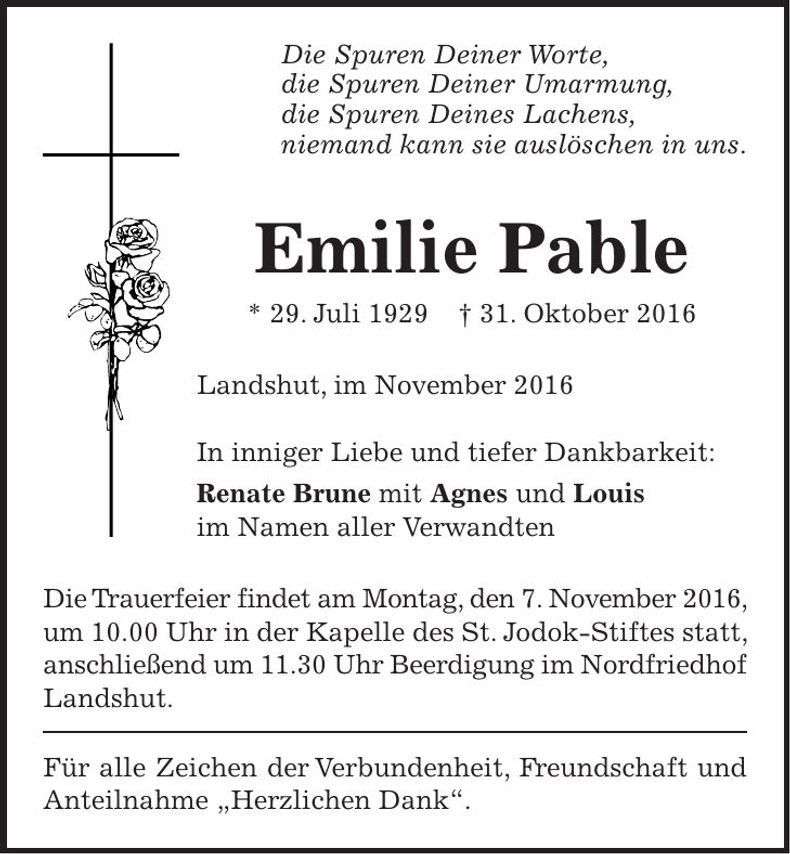 Traueranzeige Emilie Pable