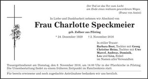 Traueranzeige Charlotte Speckmeier