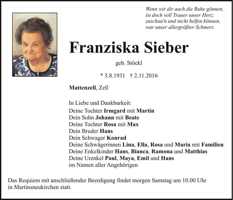 Traueranzeige Franziska Sieber