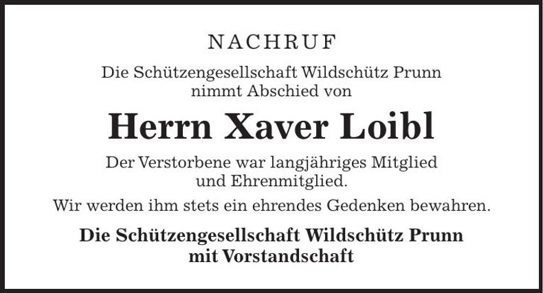 Traueranzeige Xaver Loibl