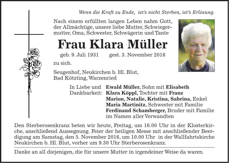Traueranzeige Klara Müller