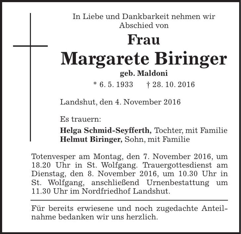 Traueranzeige Margarete Biringer