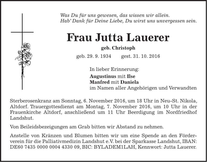 Traueranzeige Jutta Lauerer