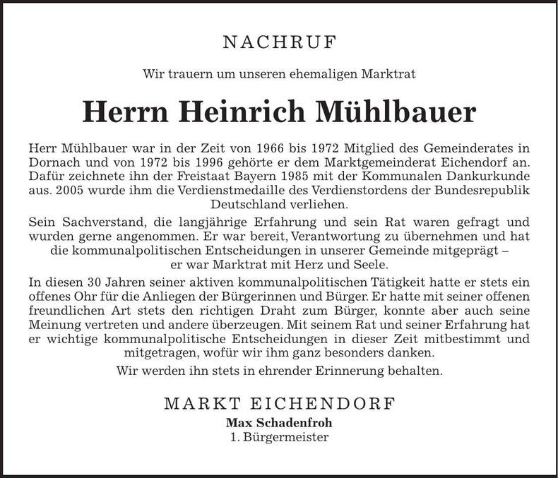 Traueranzeige Heinrich Mühlbauer