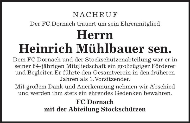 Traueranzeige Heinrich Mühlbauer