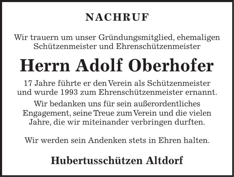 Traueranzeige Adolf Oberhofer