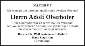 Traueranzeige Adolf Oberhofer