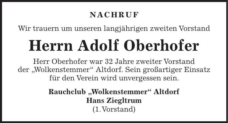 Traueranzeige Adolf Oberhofer