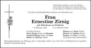 Traueranzeige Ernestine Zirnig