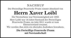 Traueranzeige Xaver Loibl