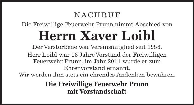 Traueranzeige Xaver Loibl