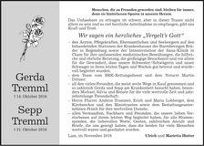 Traueranzeige Gerda und Sepp Tremml