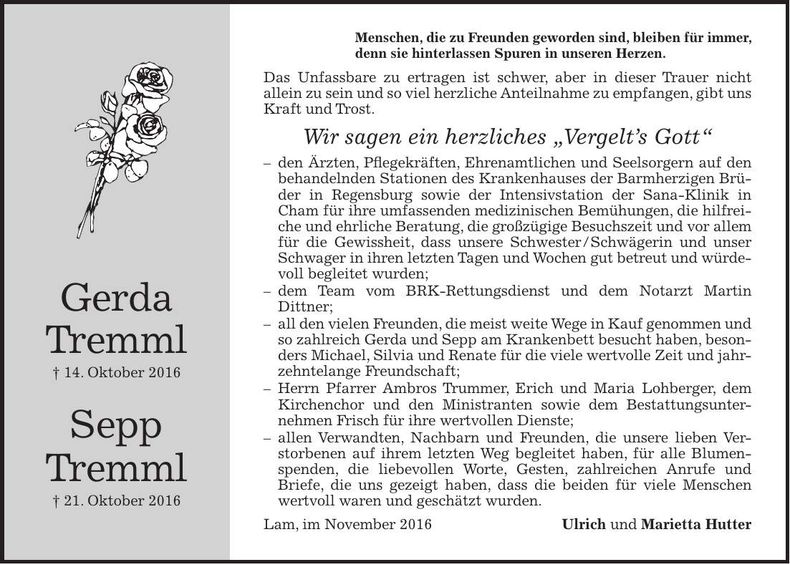 Traueranzeige Gerda und Sepp Tremml