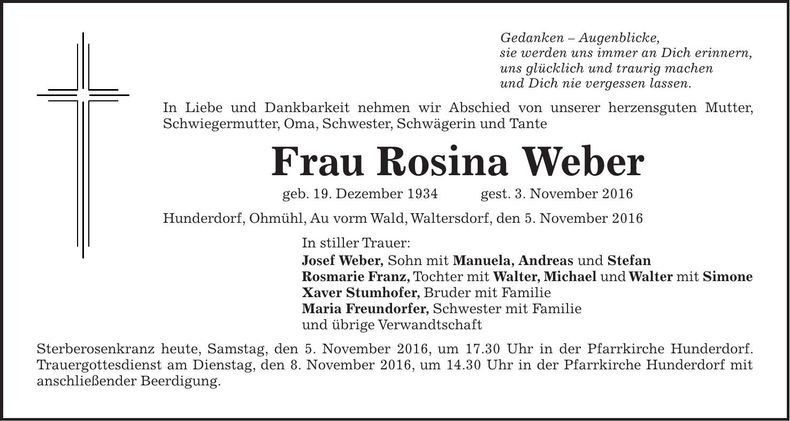 Traueranzeige Rosina Weber
