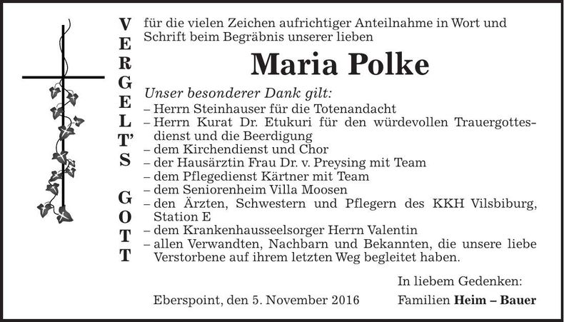 Traueranzeige Maria Polke