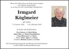 Traueranzeige Irmgard Köglmeier