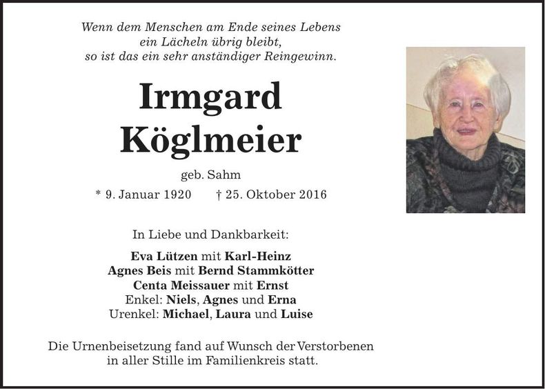 Traueranzeige Irmgard Köglmeier
