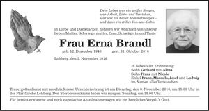 Traueranzeige Erna Brandl