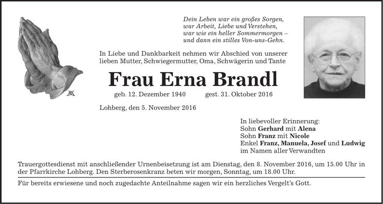 Traueranzeige Erna Brandl