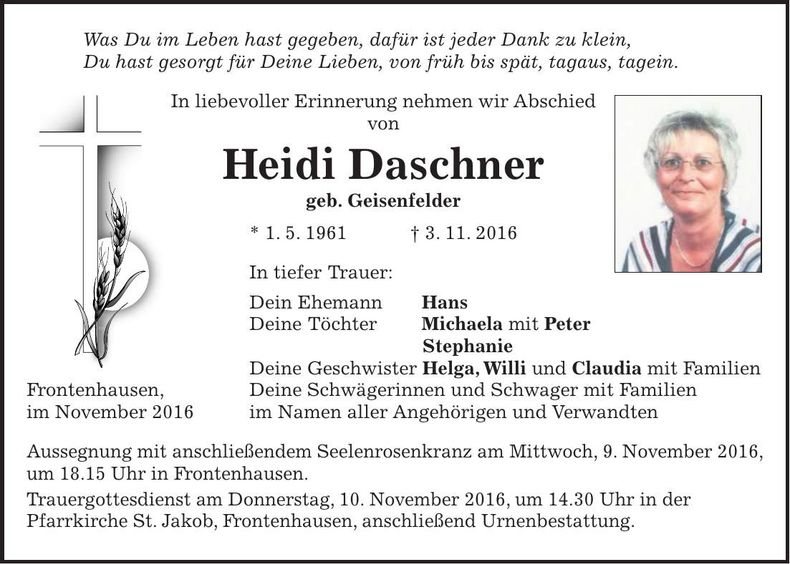 Traueranzeige Heidi Daschner