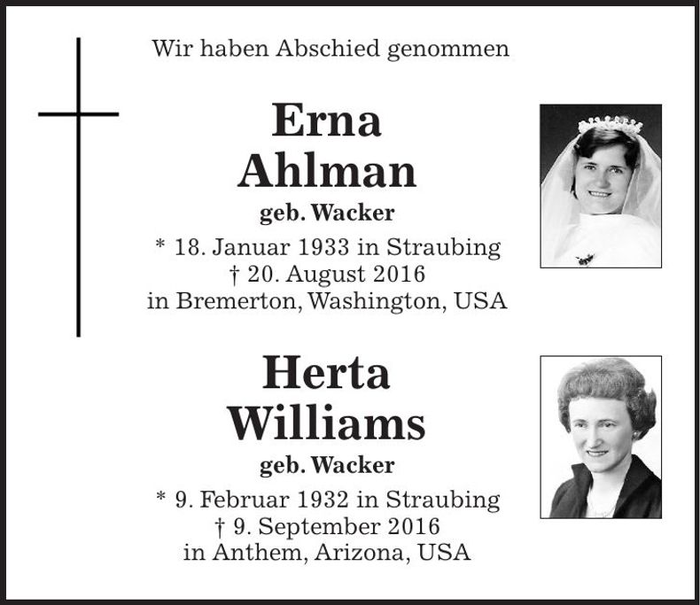 Traueranzeige Erna + Herta Wacker