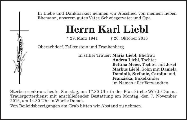 Traueranzeige Karl Liebl