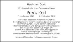 Traueranzeige Franz Karl