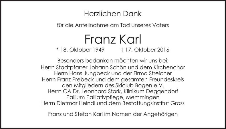 Traueranzeige Franz Karl