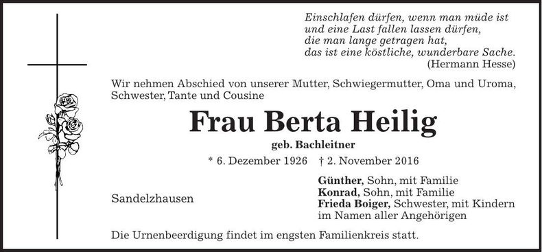 Traueranzeige Berta Heilig