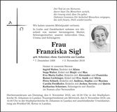 Traueranzeige Franziska Sigl