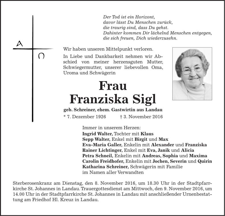 Traueranzeige Franziska Sigl
