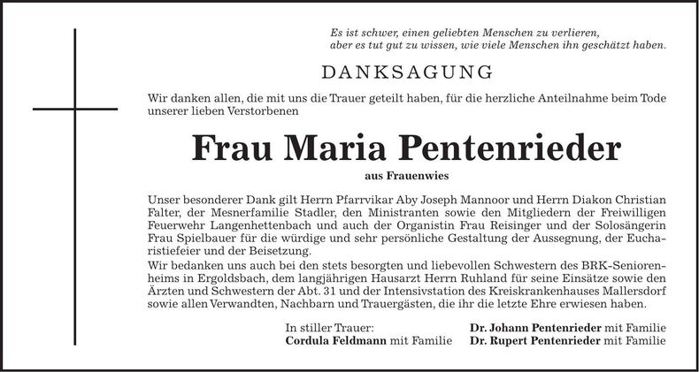 Traueranzeige Maria Pentenrieder