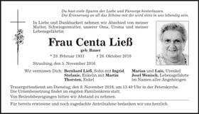 Traueranzeige Centa Ließ