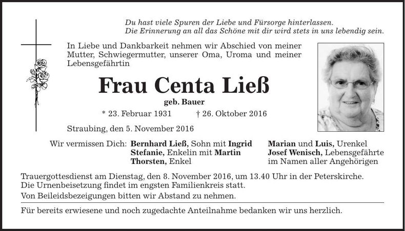 Traueranzeige Centa Ließ