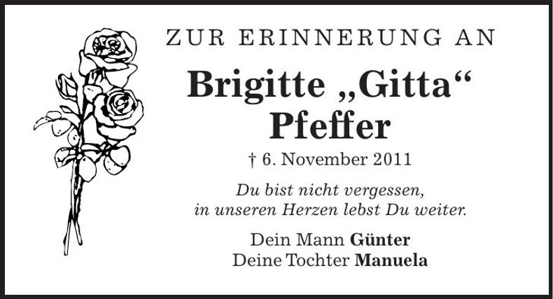 Traueranzeige Brigitte "Gitta" Pfeffer