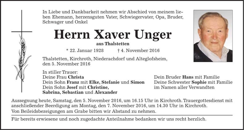 Traueranzeige Xaver Unger