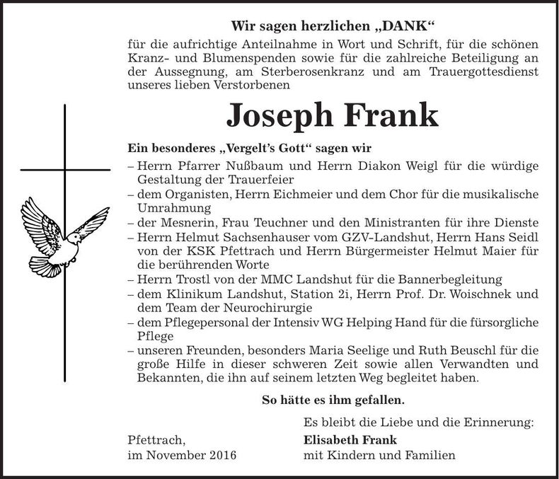 Traueranzeige Joseph Frank