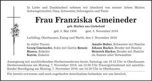 Traueranzeige Franziska Gmeineder